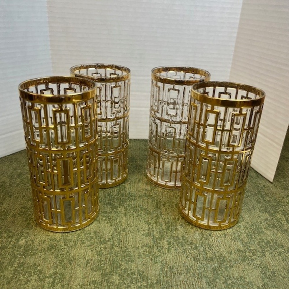 Vintage Imperial Glass SHOJI‎ TRELLIS 22Kt Gold 5-3/4" Glass Tumblers Set Of 4